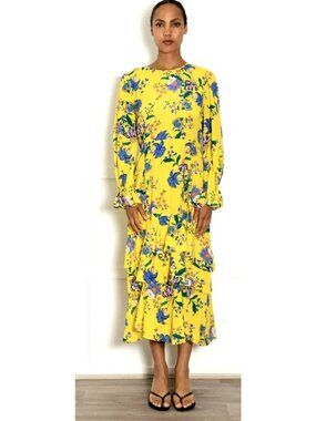 Diane Von Furstenberg Silk Blend Yellow Floral Tiered Midi Dress Size 8 New